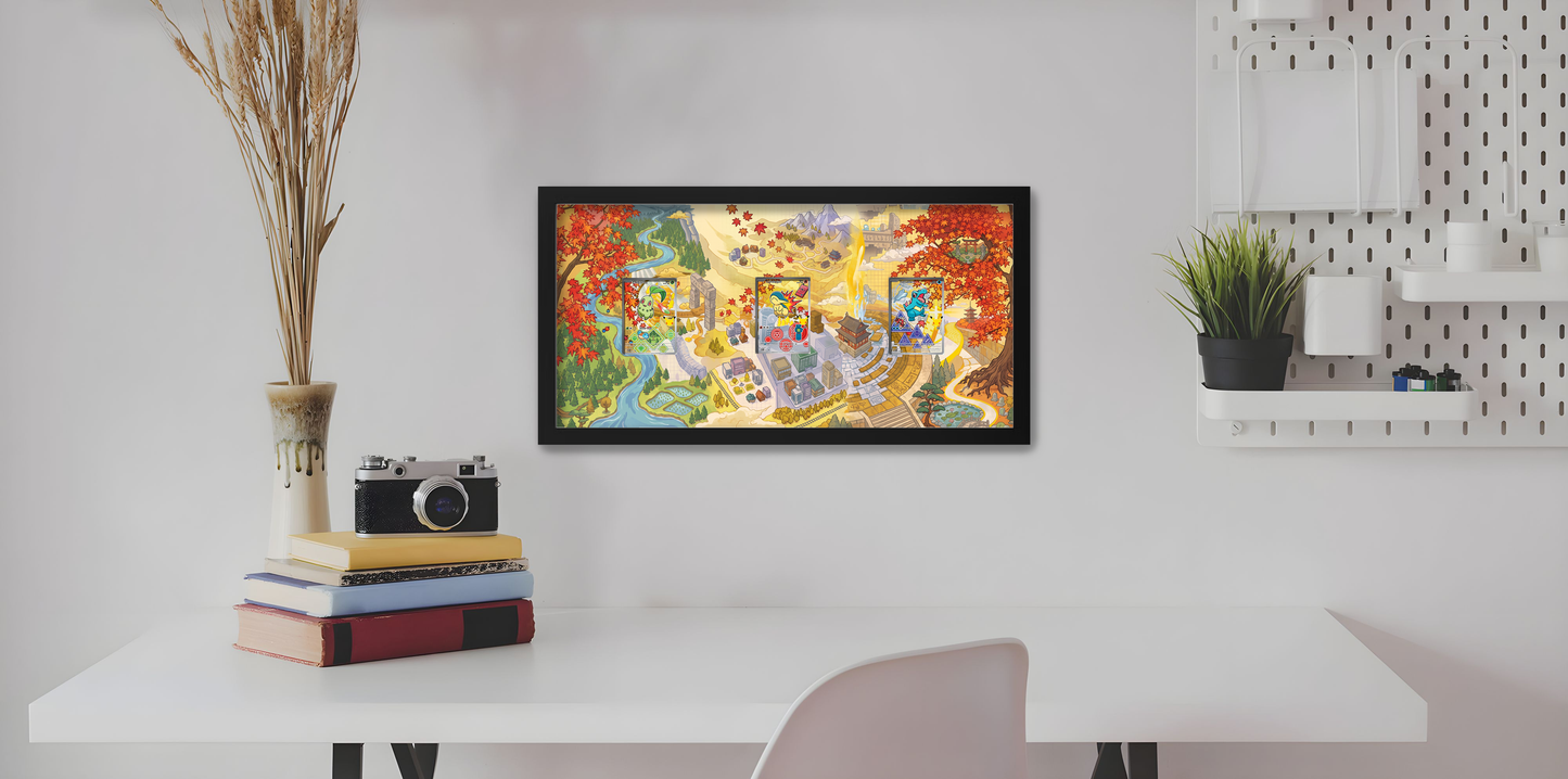 Johto First Partners Starters Panoramic Art Shadowbox | 11x22 Gen 2 Extended Art Display