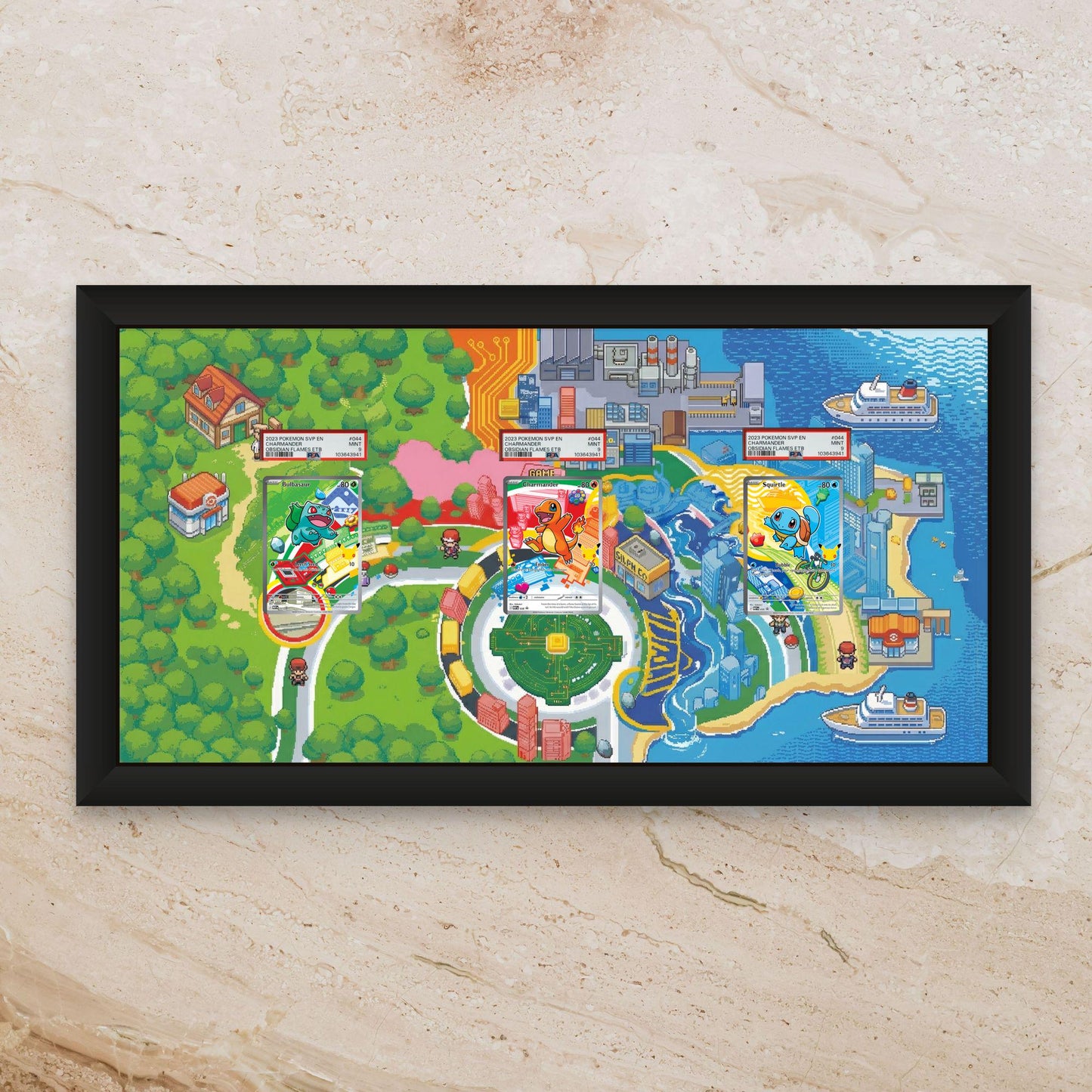 Kanto First Partners Starters Panoramic Art Shadowbox – 11x22 Gen 1 (Raw/Graded cards)